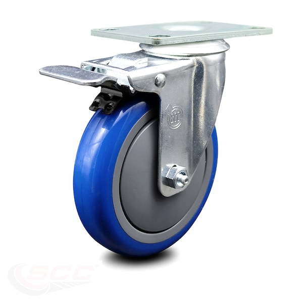5 Inch Blue Polyurethane Wheel Swivel Top Plate Caster with Total Lock Brake